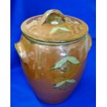 A large two handled barrel shaped Studio Pottery Storage Jar and Cover, each piece decorated with