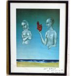 An ebonised framed and glazed colour Lithographic Print, surrealist subject female and male torso,