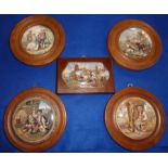 Four circular mahogany framed (later) colour transfer decorated Prattware Pot Lids including "Il