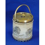 A late 19th Century Doulton stoneware and silver plated mounted (now worn) Biscuit Barrel,