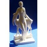 A Sevres Art Deco style bisque porcelain Sculpture Model, young nude female with an adoring fawn,