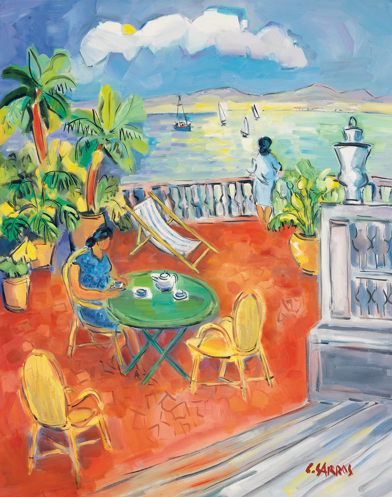 Catherine Garros (née en 1954) La terrasse Huile sur toile Signée en bas à droite Oil on canvas