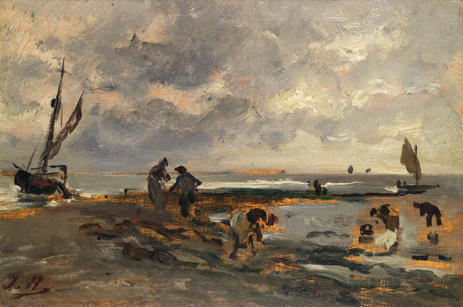 Jules Hereau (1839-1879) La pêche aux coques Huile sur panneau Monogrammée en bas à gauche Oil on