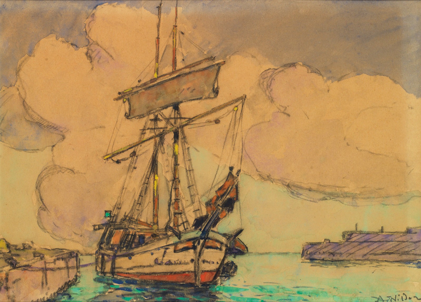 André Wilder (1871-1965) Voilier à quai Fusain et aquarelle sur papier Signé en bas à droite