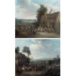 Karel BREYDEL (Anvers 1678-1733) Assemblées de personnages devant un village Paire de panneaux