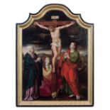 École FLAMANDE vers 1580, suiveur de Joos Van CLEVE La Crucifixion entre saint Jean, La Vierge et