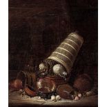 Dirck WYNTRACK (Drenthe avant 1625-La Haye 1678) Nature morte aux choux et aux cuivres Panneau de