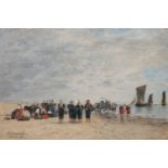 Eugène Boudin (1824-1898) Berk, groupe de pécheuses sur la plage, 1881Huile sur panneauSignée,