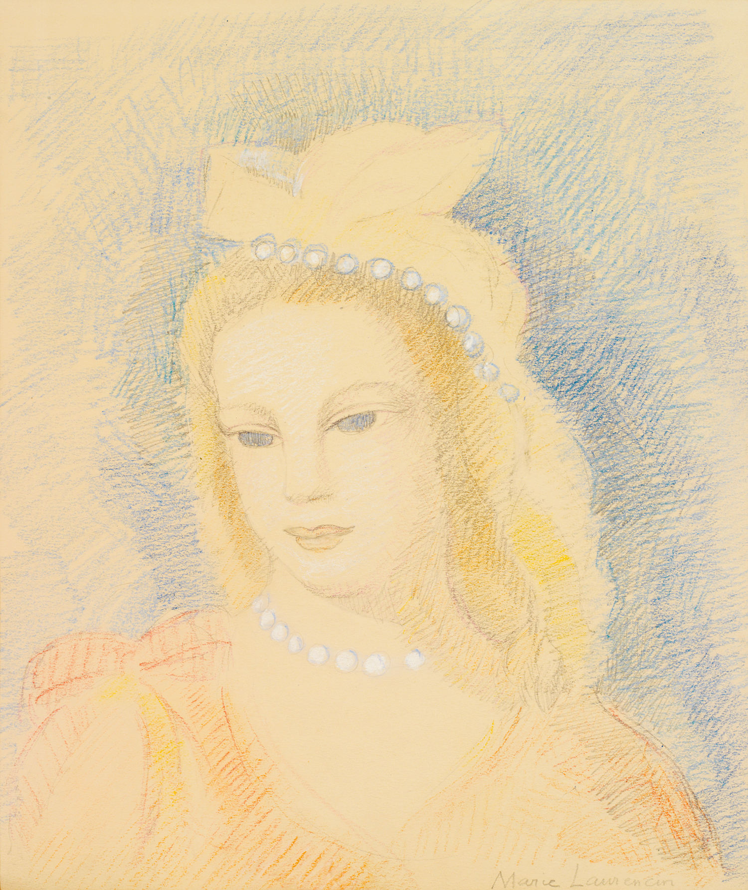 Marie Laurencin (1885-1956) Portrait de jeune fille au collier de perlesPastel sur papierSigné en