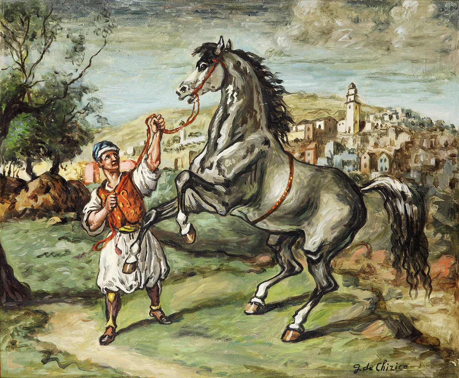 * Giorgio de Chirico (1888-1978) Cheval et palafreniere orientale, 1949Huile sur toileSignée en