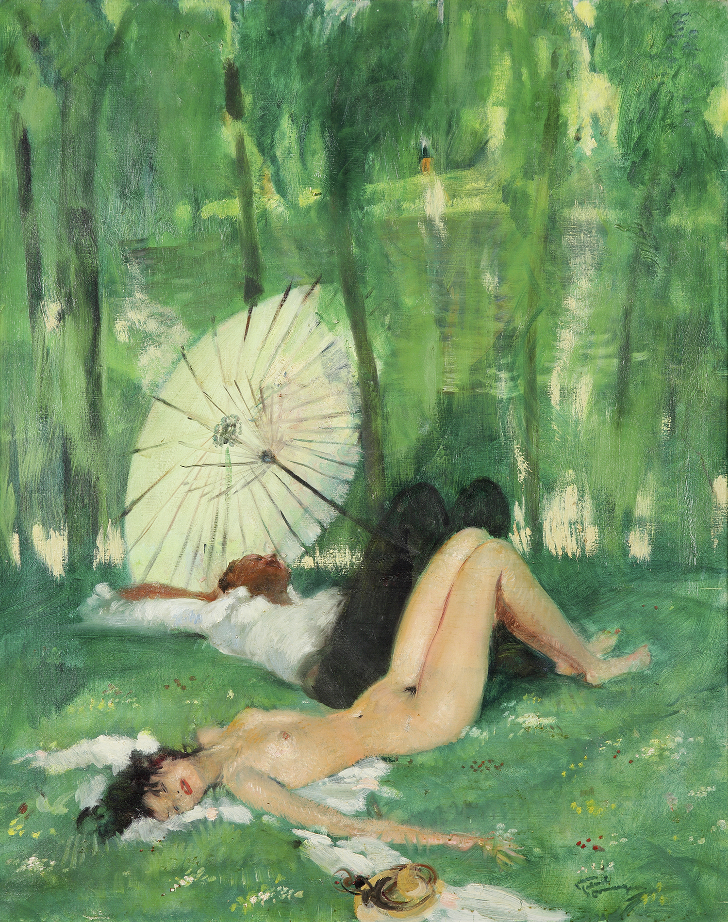 * Jean Gabriel Domergue (1889-1962) Femme à l’ombrelle dans un parc-Huile sur toileSignée en bas à