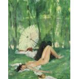 * Jean Gabriel Domergue (1889-1962) Femme à l’ombrelle dans un parc-Huile sur toileSignée en bas à