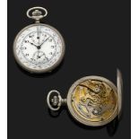 ANONYME VERS 1900 Montre de poche avec chronographe monopoussoir en argent. Cadran émail blanc