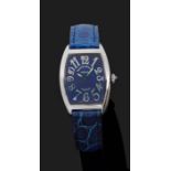 FRANCK MULLER CURVEX. VERS 2000 Montre bracelet de dame avec boîtier tonneau en or gris. Cadran bleu