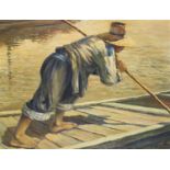 I. Guerassimoff (1945-1954) Pêcheur sur un ponton Huile sur toile Signée en bas à droite Oil on