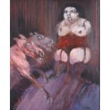 Georges BRU (1933) Femme aux chiens Huile sur toile Signée en bas à droite Oil on canvas Signed