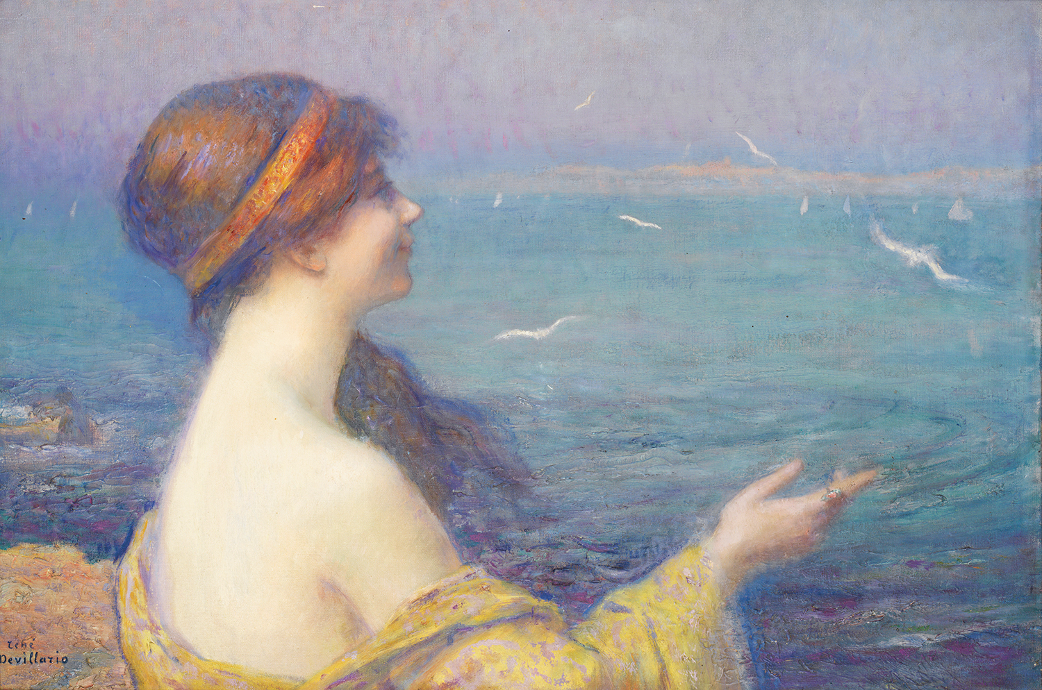 René (Maire Léon) Devillario (1874-1942) Jeune femme devant la mer Huile sur toile Signée en bas à