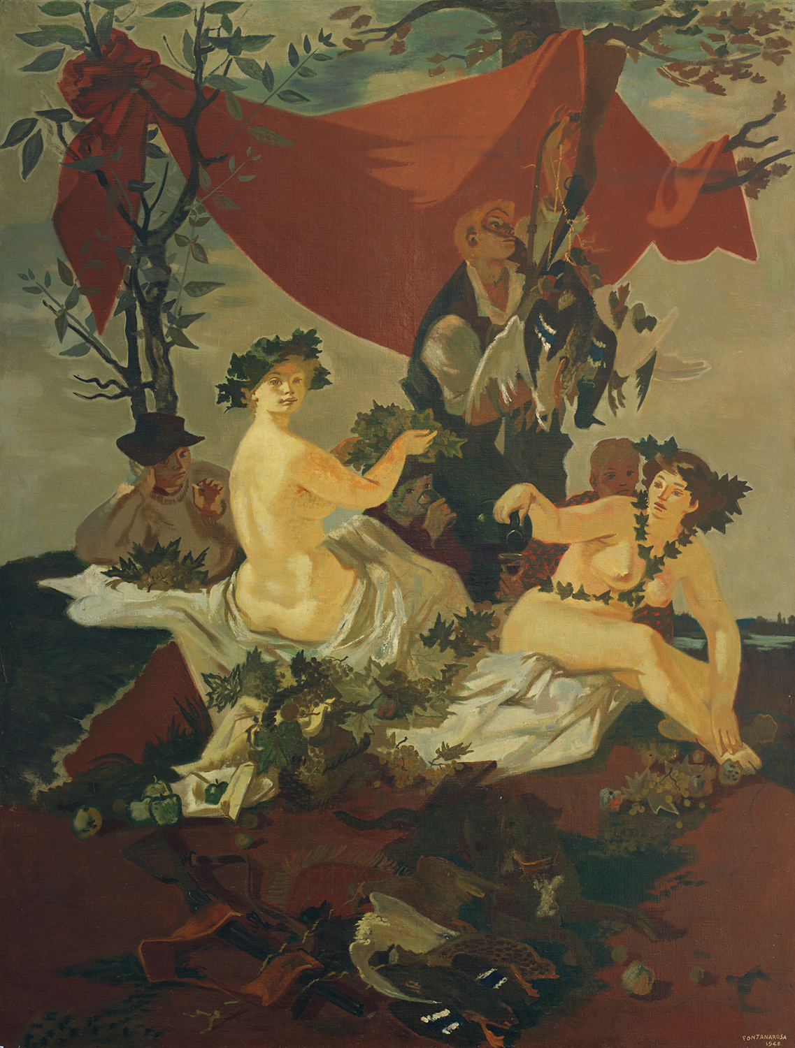 Lucien Joseph Fontanarosa (1912-1975) Scène de chasse, 1948 Huile sur toile contrecollée sur panneau