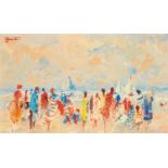 Bernard Loriot (1925-1998) Plage normande animée de personnages Huile sur toile Signée en haut à