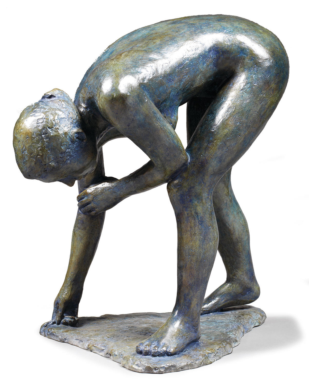 Jacques LE NANTEC (Né en 1940) Femme Courbée Épreuve en bronze à patine bleue nuancée Numérotée 2/