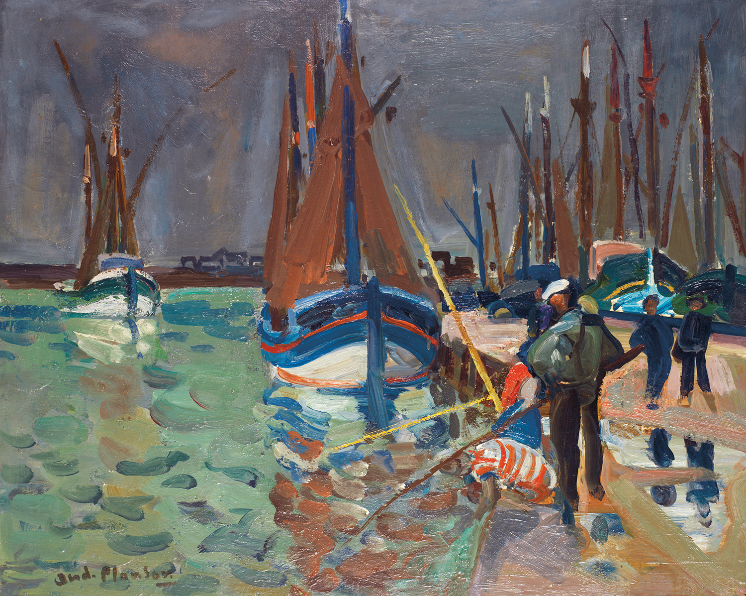 André PLANSON (1898-1981) Au port Huile sur carton Signée en bas à gauche Oil on cardboard Signed