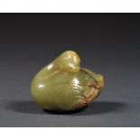 STATUETTE DE CANARD en jade néphrite jaune veiné de brun, représenté couché, la tête posée sur le