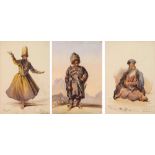 ÉCOLE ORIENTALISTE (XIXE SIÈCLE) Ensemble de trois aquarelles représentant divers personnages