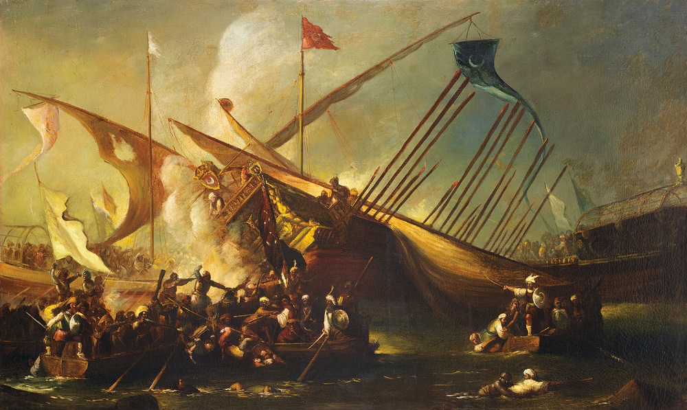 ÉCOLE ORIENTALISTE (XIXE SIÈCLE) BATAILLE NAVALE EN MER D’ORIENT SEA BATTLE Huile sur toile. (