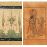 DEUX DESSINS ORIENTAUX sur papier rehaussé de gouache, l’un de style safavide représentant deux