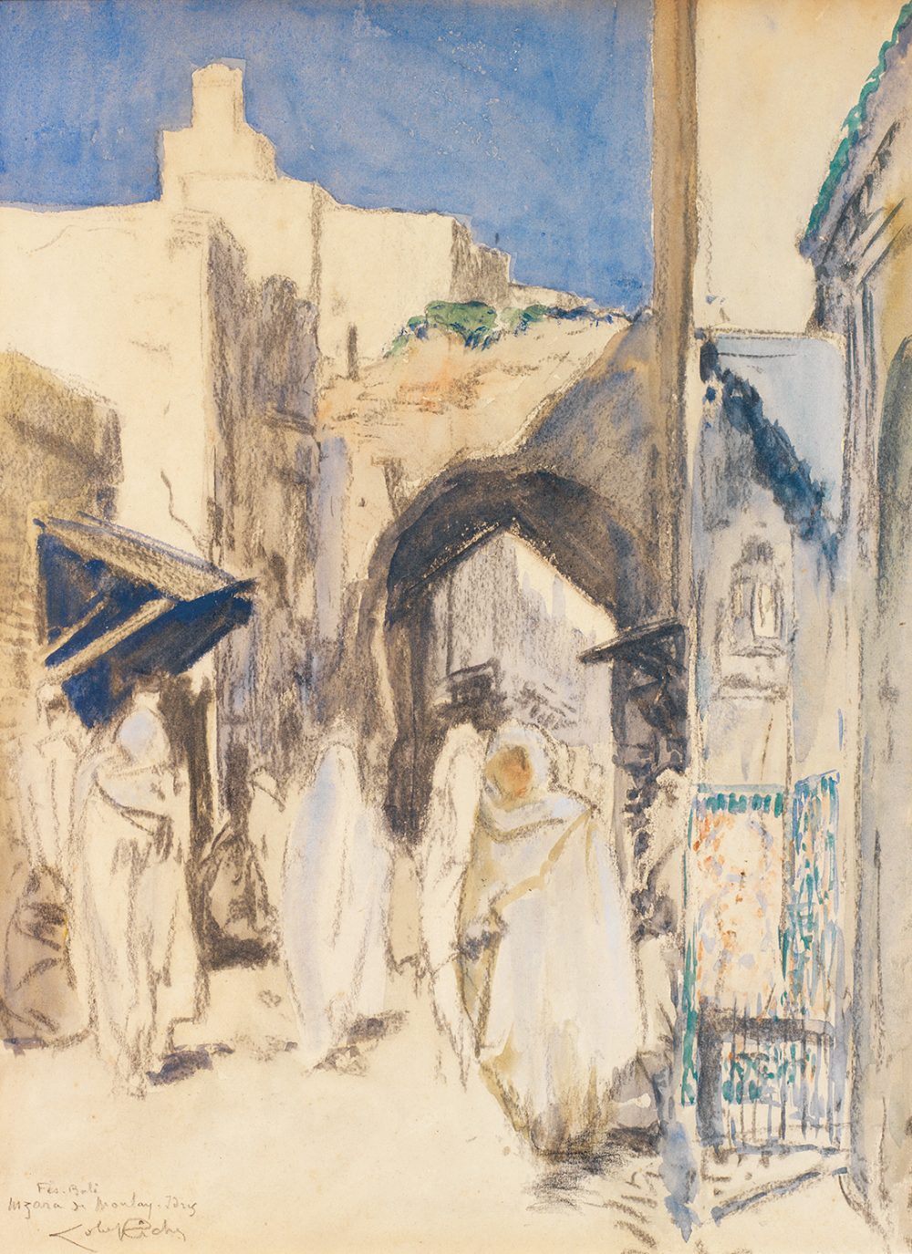 ALMERY LOBEL-RICHE (1877-1950) «FÈS, BALI, MZARA DE MOULAY, IDRISS» Fusain rehaussé d’aquarelle,