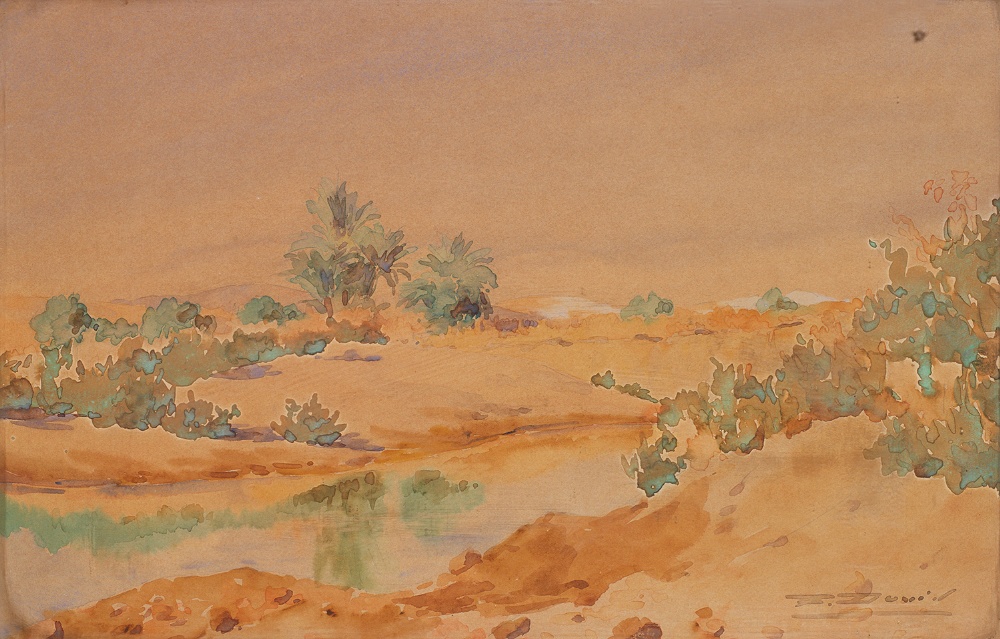 FERNANDE DAVID (1877-1966) OASIS ET PALMIERS À GABÈS OASIS AND PLAM TREES IN GABÈS Aquarelle, signée