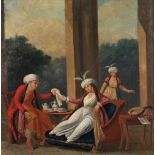 ÉCOLE ORIENTALISTE (XIXE SIÈCLE) LE THÉ AU HAREM TEATIME IN THE HAREM Huile sur toile. 63 x 63 cm (