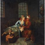 ÉCOLE ORIENTALISTE (XIXE SIÈCLE) SCÈNE GALANTE THE FLIRTING Huile sur toile. (Rentoilée). 71 x 70 cm
