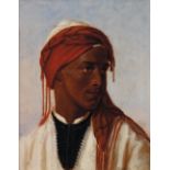 DAVID SIMONSON (1831-1896) ORIENTAL AU TURBAN ROUGE ORIENTAL WITH A RED SCARF Huile sur carton,