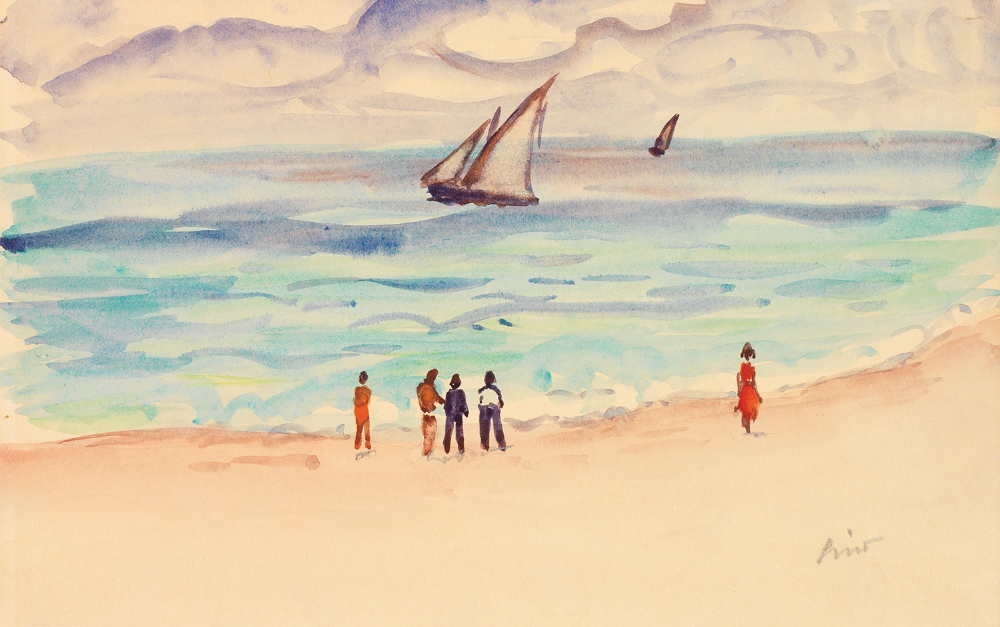 GUSTAVE LINO (1893-1961) BORD DE PLAGE À ALGER ON THE BEACH IN ALGIERS Aquarelle gouachée, signée en