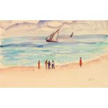 GUSTAVE LINO (1893-1961) BORD DE PLAGE À ALGER ON THE BEACH IN ALGIERS Aquarelle gouachée, signée en