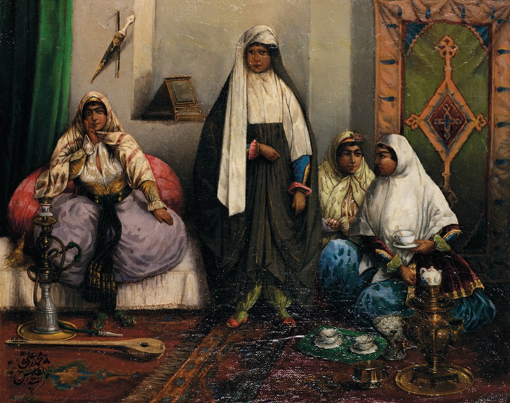 ÉCOLE PERSANE (XIXE SIÈCLE) LE THÉ AU HAREM TEATIME IN THE HAREM Huile sur toile, signée «Mohammed