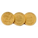 LOT DE TROIS PIÈCES 20 FRANCS OR (GÉNIE) 1874 ; 1876 ; 1877. Three gold coins of 20 francs POIDS :