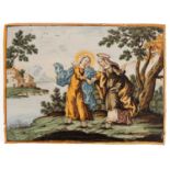 CASTELLI Plaque rectangulaire en majolique représentant la visitation de la Vierge à sainte