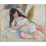 Jules PASCIN (1885-1930) Femme étendue Huile sur panneau Signée et dédicacée "Vive Elvire !" en