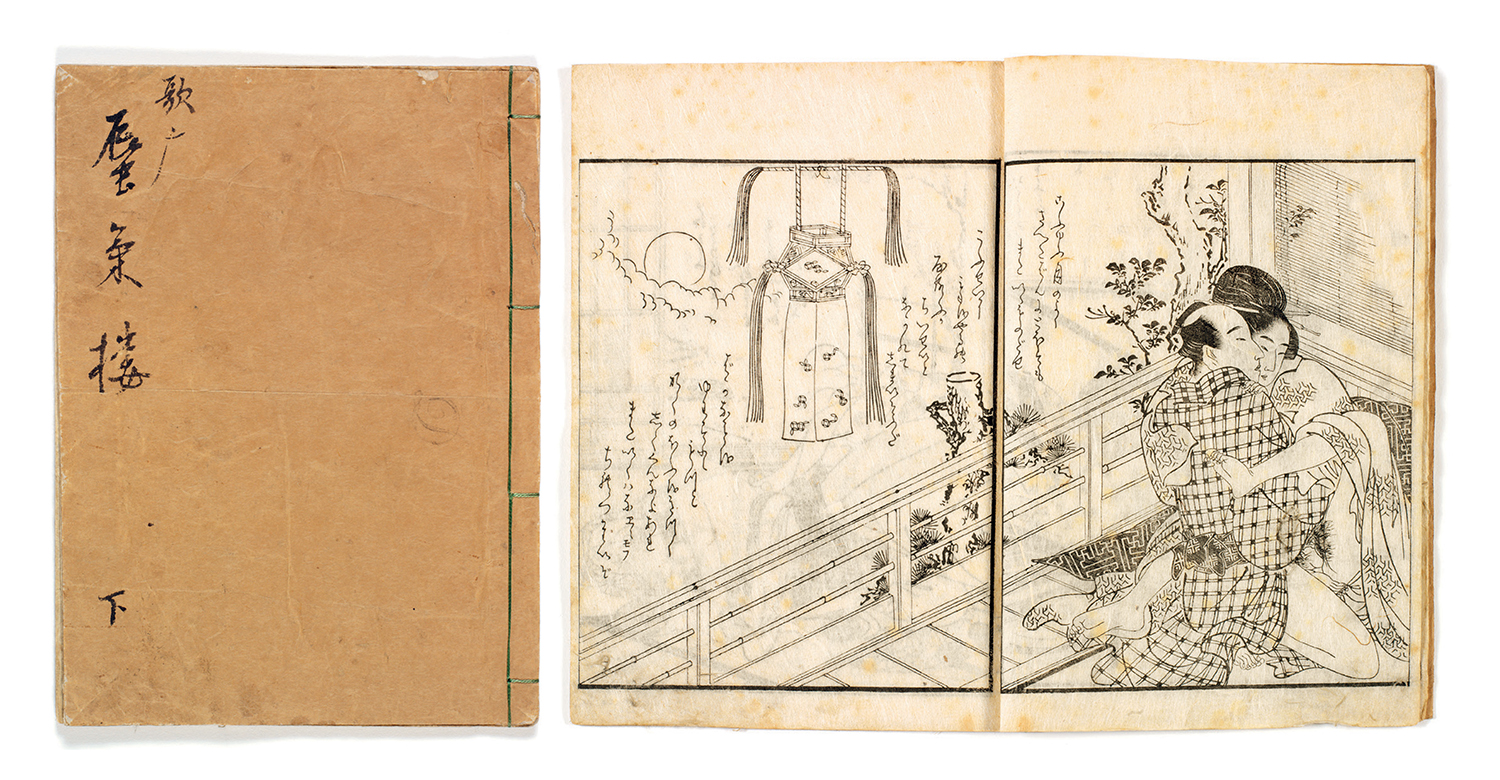 ATTRIBUÉ À UTAMARO (1753-1806) VOLUME SUMIZURI-E SHUNGAComprenant huit pages doubles représentant