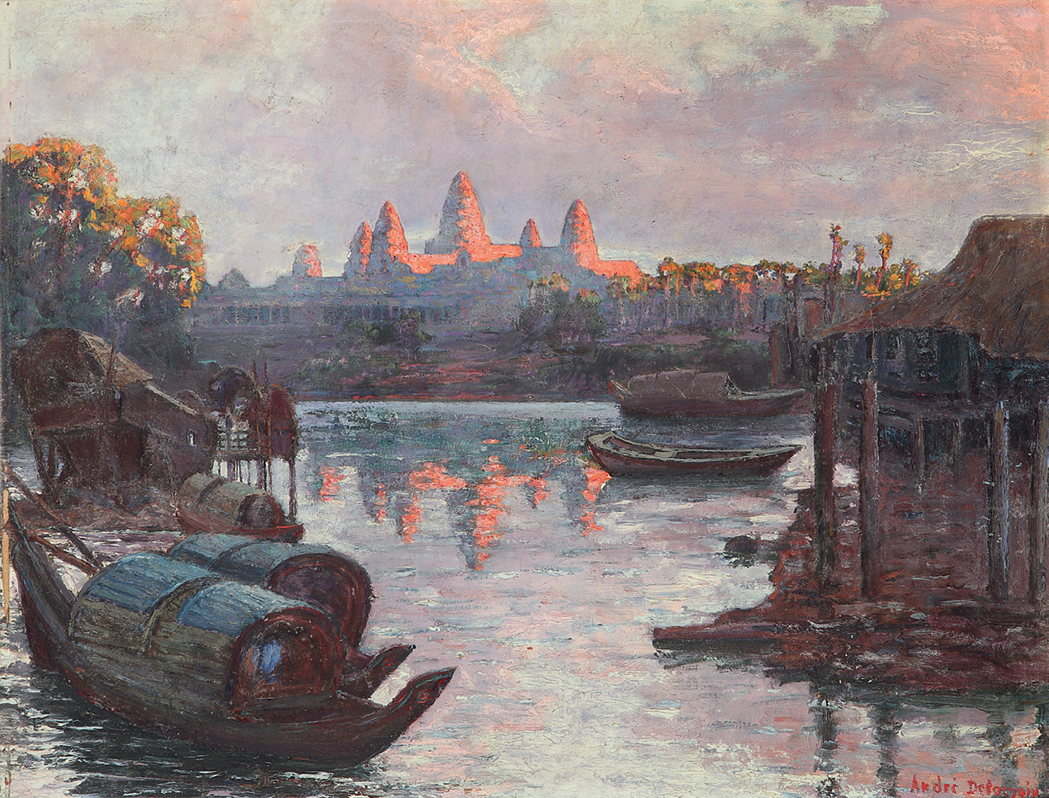 ANDRÉ DELACROIX (1878-1934) ANGKOR-VAT, VUE GÉNÉRALE DEPUIS LE "SRA"  Huile sur panneau de