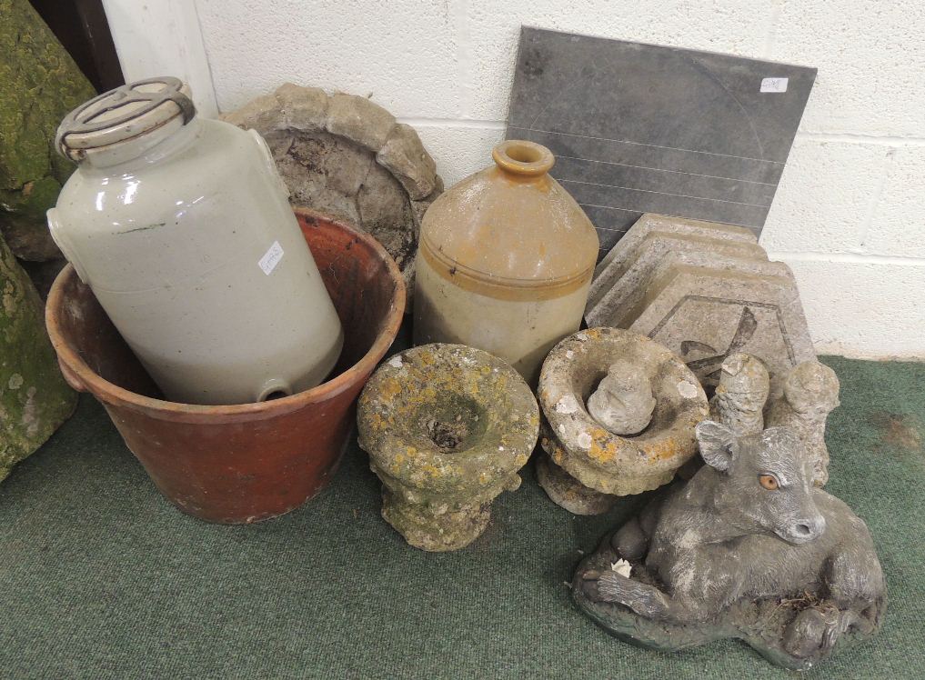 A shove H'apenny slate board, glazed terracotta container, large stoneware flagon, French