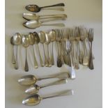 A collection of assorted silver forks, desert spoons and tablespoons, mostly singles and assorted
