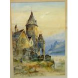 19TH CENTURY CONTINENTAL SCHOOL - Figures near a turreted house with lake and castle ruins beyond,