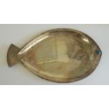 A MEXICAN SILVER .960 fish shaped tray, inlaid green stone eye and with presentation inscription. (