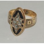 A Victorian, diamond set, 18 ct gold mourning ring, the inner band engraved with a name and "died