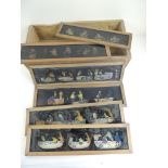 Six large hand painted panoramic lantern slides, with colourful images one showing the story of a