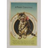 A Louis Wain type Merry Christmas postcard, centred with a manic looking cat with moveable tail