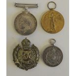 WWI pair named 66727 Pte H How Worcs R together with a Royal Engineers brass cap badge and a Royal